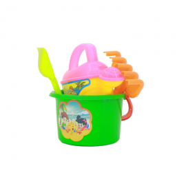 Bucket with watering can and garden tools